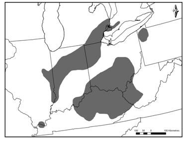 Figure 2. Global range of the Northern Madtom. (See long description below)