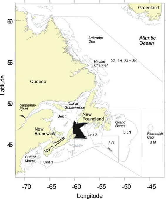 Map of Fisheries and Oceans Canada redfish management units.