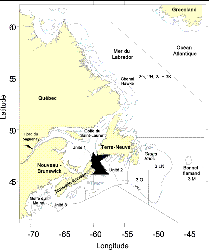 Carte illustrant les unités de gestion du sébaste du ministère des Pêches et des Océans.