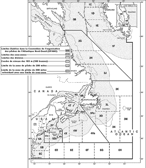 Carte illustrant les zones de l’Organisation des pêches de l’Atlantique Nord-Ouest.