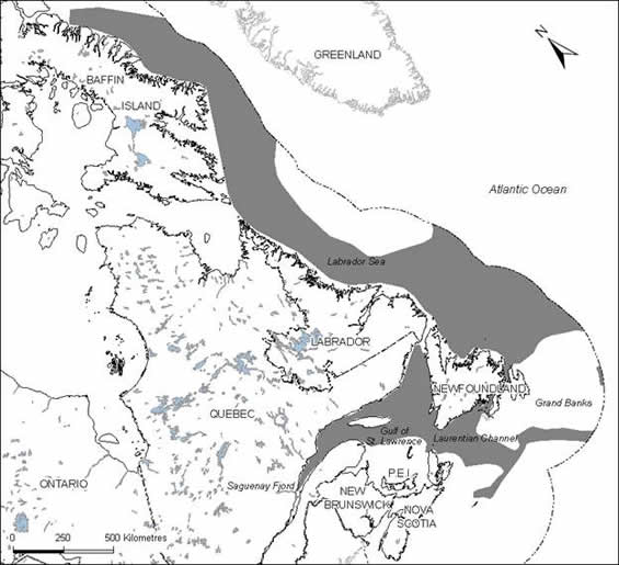 Map of the Canadian distribution of Deepwater Redfish.