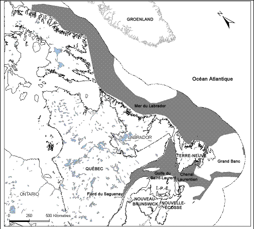 Carte illustrant la répartition canadienne du sébaste atlantique.